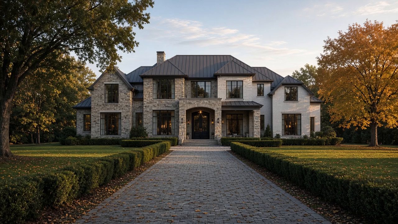 A large stone and white brick house at dusk in autumn, a paver drive between clipped hedges leading to its arched front door