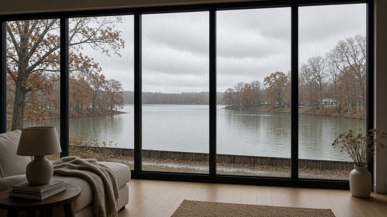 Rain on the tall windows of a quiet living room that looks out over a lake in late autumn