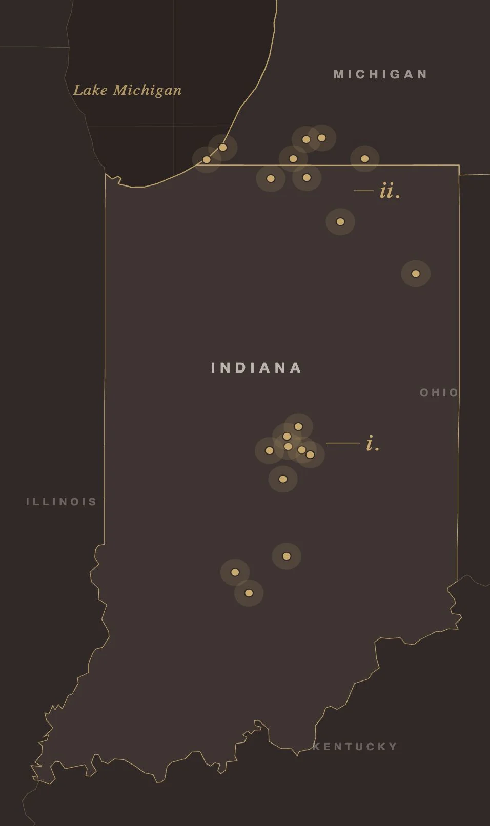 A map of Indiana and southwest Michigan with a marker for each place ABODE works, grouped around Indianapolis and Bloomington in the south and around South Bend and the lakes in the north