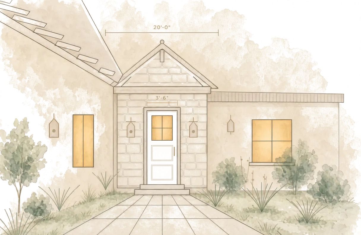 A watercolor drawing of a stone entry with a white front door, wall lanterns, lit windows and a walkway