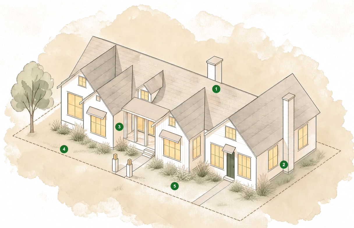 A watercolor drawing of a house on its lot with five numbered markers for the systems a home management plan records