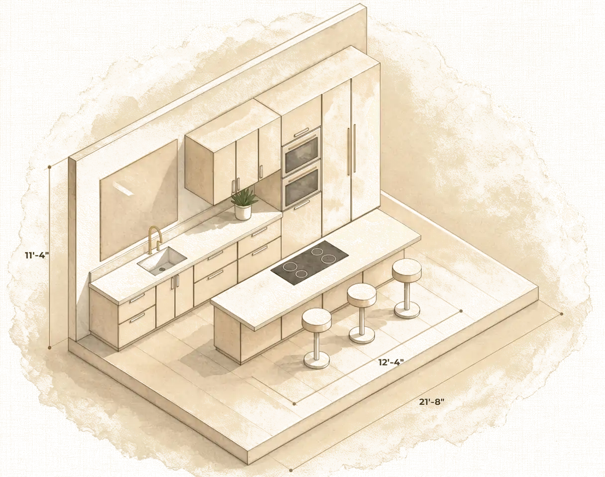 A watercolor drawing of a kitchen with an island, stools, a cooktop and wall ovens