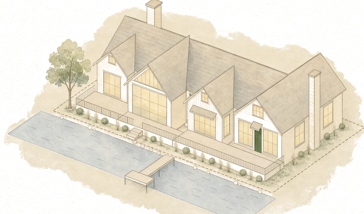 A watercolor drawing of a lake house with a fenced terrace facing the water and a small dock
