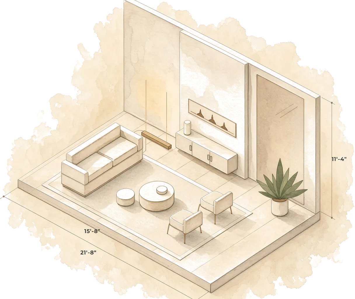 A watercolor drawing of a living room with a sofa, a round coffee table, two armchairs and a tall potted plant