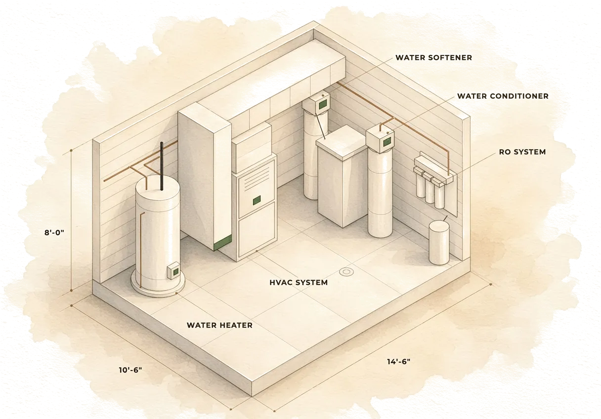 A watercolor drawing of a home mechanical room with the water heater, HVAC system, water softener, water conditioner and RO system labeled