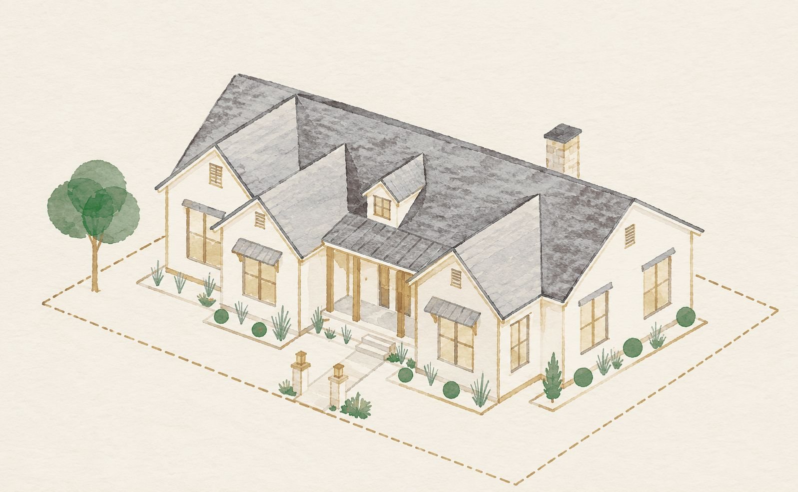 A watercolor drawing of a stone and cream house with a gray roof, a lawn and a young tree