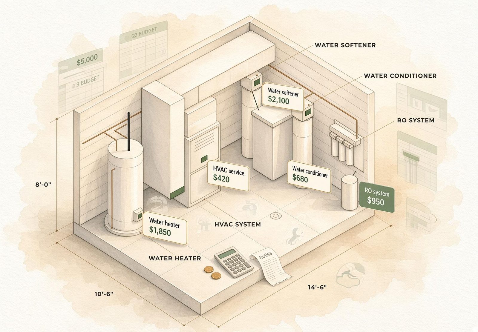 A watercolor drawing of a mechanical room with a water heater, HVAC system, water softener and RO system, each tagged with a cost