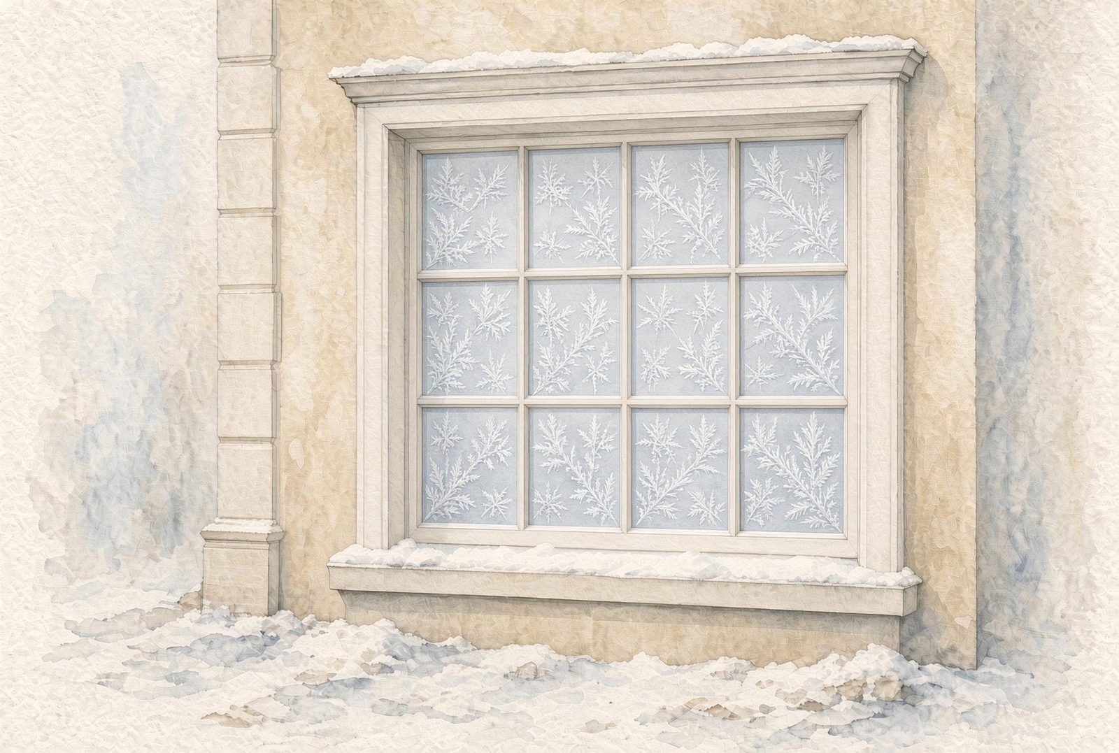 A watercolor drawing of a window covered in frost, set in a stone wall with snow on the sill
