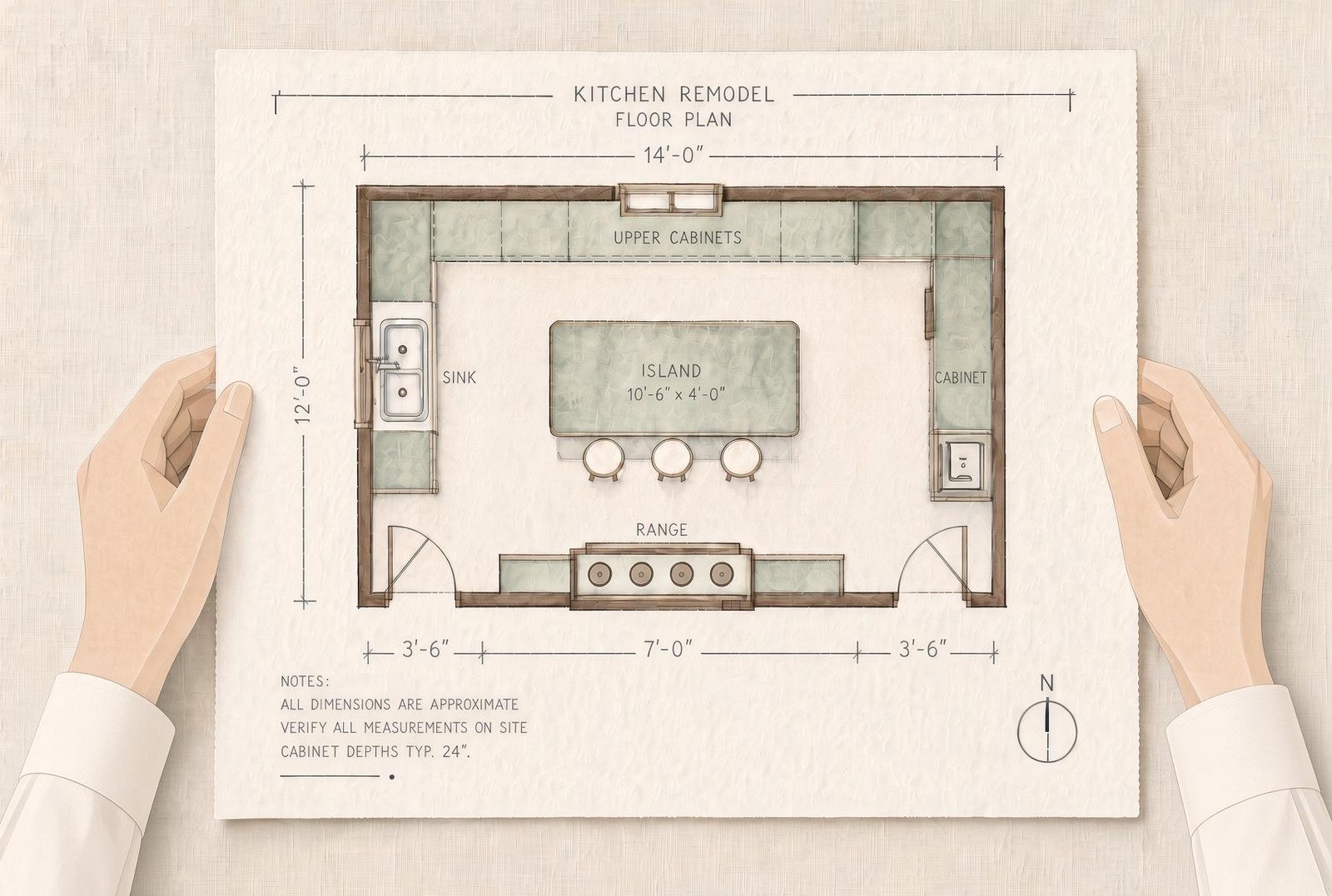 A watercolor drawing of two hands holding a kitchen remodel floor plan with cabinets, an island, a sink and a range