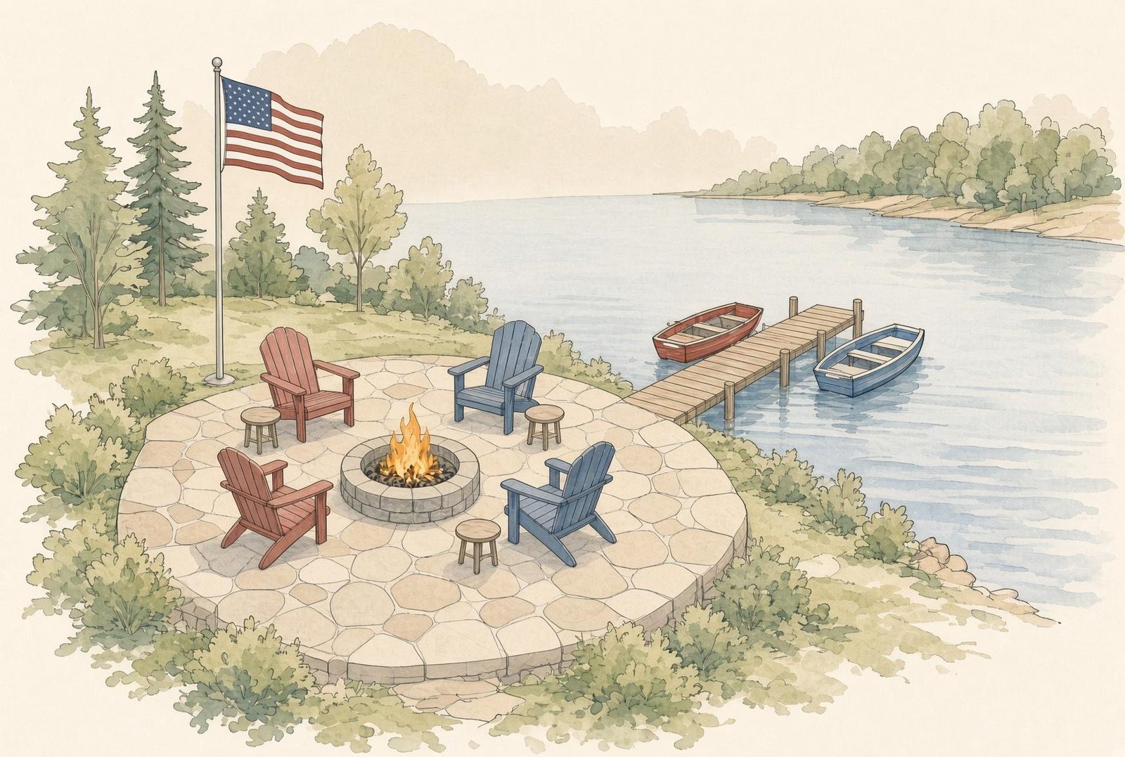 A watercolor drawing of a stone patio with Adirondack chairs around a fire pit beside a lake, a dock and rowboats, and a flag