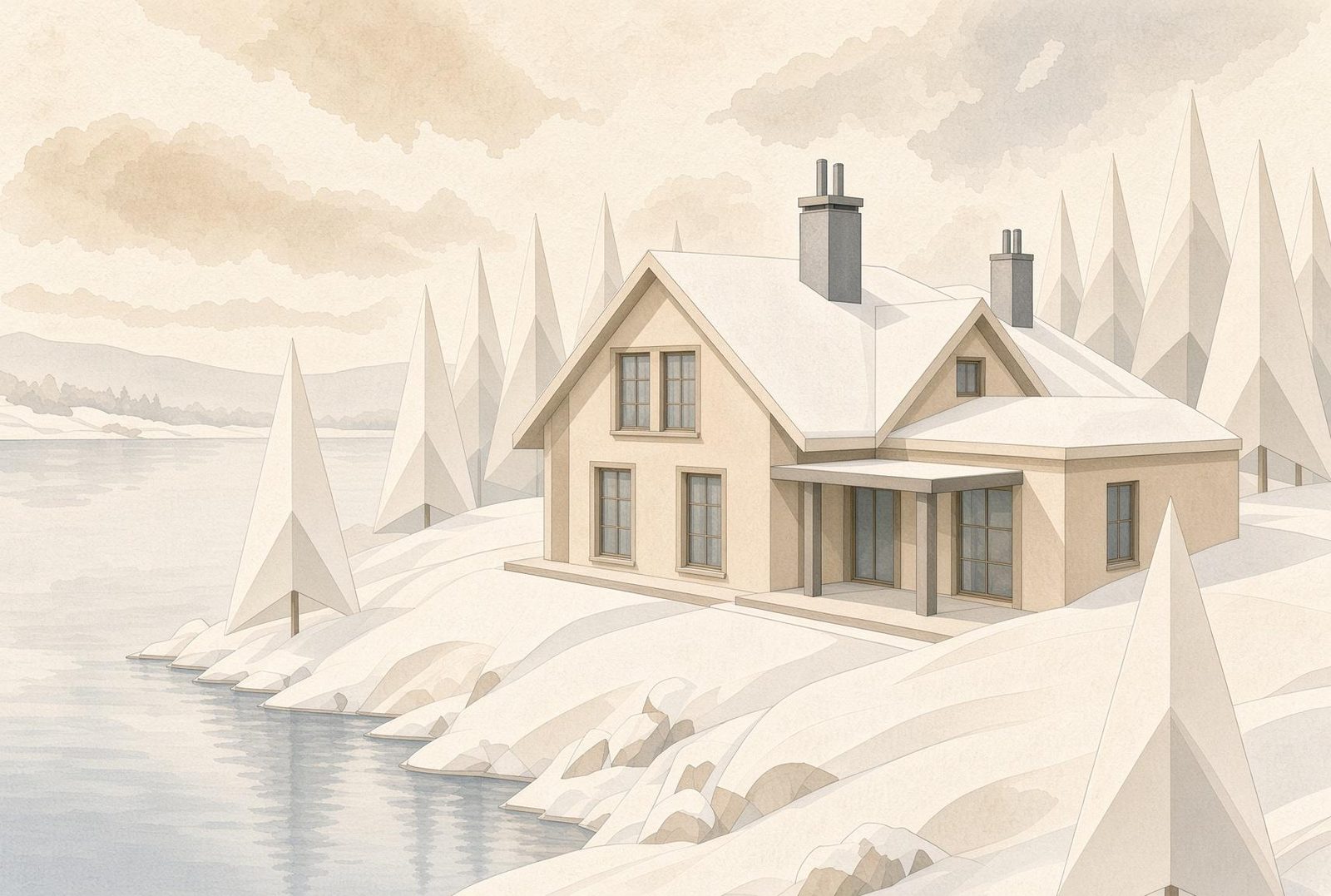 A watercolor drawing of a lake house in deep snow beside a frozen lake, with snow-covered evergreens